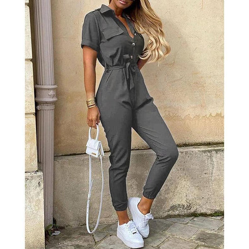 Casual lapel buckle print belt frock jumpsuit